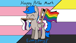Size: 1920x1080 | Tagged: safe, artist:spritepony, imported from derpibooru, oc, oc only, oc:sprite, alicorn, pony, abdl, asexual pride flag, demisexual pride flag, diaper, female, horn, lgbt, mouth hold, nonbinary pride flag, poofy diaper, pride, pride flag, pride month, smiling, solo, standing, transgender pride flag, wing hold, wings