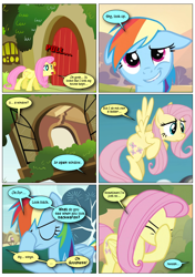 Size: 868x1230 | Tagged: safe, artist:dziadek1990, edit, edited screencap, imported from derpibooru, screencap, fluttershy, rainbow dash, pegasus, pony, swarm of the century, comic, conversation, dialogue, facehoof, female, fluttershy's cottage, flying, mare, screencap comic, text, window, wings