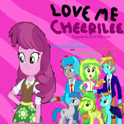 Size: 894x894 | Tagged: safe, artist:j4lambert, artist:mathew-swift-va, imported from derpibooru, cheerilee, oc, oc:mathew swift, oc:the living tombstone, oc:wooden toaster, earth pony, human, pegasus, pony, unicorn, equestria girls, 1000 hours in ms paint, cloak, clothes, cover art, female, flower, headphones, horn, love me cheerilee, male, mare, necktie, raised hoof, shirt, skirt, smiling, stallion, wings