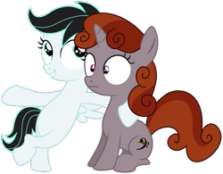 Size: 825x644 | Tagged: safe, artist:deadparrot22, derpibooru exclusive, edit, editor:funny jo, imported from derpibooru, vector edit, oc, oc:funny jo, oc:light jet, pegasus, pony, unicorn, .svg available, bipedal, hoof around neck, horn, pegasus oc, recolor, shrunken pupils, simple background, svg, transparent background, unicorn oc, vector, wide eyes