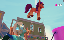 Size: 1439x899 | Tagged: safe, imported from derpibooru, sunny starscout, earth pony, pegasus, pony, female, g5, game screencap, looking up, male, mare, my little pony: a maretime bay adventure, pegasus royal guard, royal guard, stallion, thunder flap