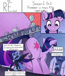 Size: 2000x2318 | Tagged: dead source, safe, artist:tsitra360, imported from derpibooru, nightmare moon, twilight sparkle, alicorn, pony, unicorn, comic:resized, butt, comic, dialogue, female, giant pony, giantess, macro, plot, ruins, speech bubble, unicorn twilight