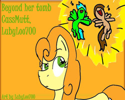 Size: 1280x1024 | Tagged: safe, artist:lubyloo700, imported from derpibooru, carrot top, golden harvest, oc, oc:peacekeeper, earth pony, pegasus, pony, beyond her garden, confused, female, flying, mare, music notes, open mouth, singing, smiling, spread wings, text, volumetric mouth, wings