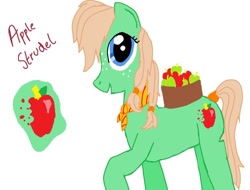 Size: 900x684 | Tagged: safe, artist:lubyloo700, imported from derpibooru, oc, oc only, oc:applestrudel, earth pony, pony, apple, bandana, basket, female, food, mare, simple background, smiling, text, white background