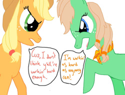 Size: 900x683 | Tagged: safe, artist:lubyloo700, imported from derpibooru, applejack, oc, oc:applestrudel, earth pony, pony, angry, applejack's hat, argument, bandana, cowboy hat, dialogue, female, hat, mare, raised hoof, simple background, speech bubble, text, white background