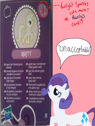 Size: 774x1032 | Tagged: safe, artist:lubyloo700, imported from derpibooru, rarity, pony, unicorn, angry, blind bag, blind bag card, card, cutie mark, danish, dialogue, dutch, female, french, frown, german, greek, hasbro, hasbro logo, implied twilight sparkle, italian, logo, mare, numbers, polish, portuguese, prepress error, rarity is not amused, smiling, spanish, speech bubble, swedish, text, toy, turkish, unacceptable, unamused, wrong cutie mark, you had one job