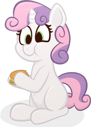 Size: 1462x2046 | Tagged: safe, artist:xppp1n, imported from ponybooru, sweetie belle, unicorn, burger, eating, female, filly, foal, food, hay burger, simple background, solo, transparent background