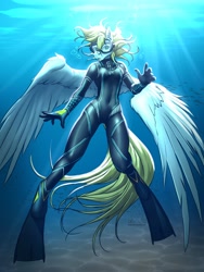 Size: 3000x4000 | Tagged: safe, artist:mykegreywolf, imported from derpibooru, oc, oc only, oc:cutting chipset, anthro, fish, pegasus, pony, bubble, clothes, crepuscular rays, ear fluff, feather, female, flippers (gear), flowing mane, flowing tail, goggles, green eyes, logo, ocean, open mouth, solo, spread wings, sunlight, swimsuit, tail, underwater, water, wetsuit, wings