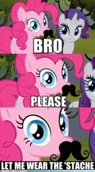 Size: 500x900 | Tagged: safe, edit, edited screencap, imported from derpibooru, screencap, pinkie pie, rarity, earth pony, pony, unicorn, breaking the fourth wall, duo, facial hair, fake moustache, female, impact font, looking at you, meme, moustache, my little brony, text, watermark