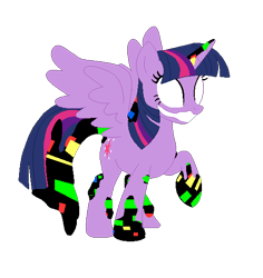 Size: 524x556 | Tagged: safe, artist:sunmint234, imported from derpibooru, twilight sparkle, alicorn, pony, corrupted, dusk till dawn, error, female, glitch, horn, mare, pibby, raised hoof, simple background, smiling, spread wings, transparent background, twilight sparkle (alicorn), wings