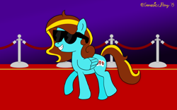 Size: 1920x1200 | Tagged: safe, artist:bobbyjoedudley, imported from derpibooru, oc, oc only, oc:ilovekimpossiblealot, pegasus, pony, 2015, carpet, female, mare, pegasus oc, red carpet, solo, sunglasses, tail, two toned mane, two toned tail