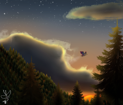 Size: 2000x1700 | Tagged: safe, artist:daftramms, imported from derpibooru, zipp storm, pegasus, pony, flying, forest, g5, scenery, sky, solo, spread wings, wings