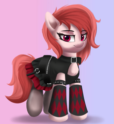 Size: 515x560 | Tagged: safe, artist:joaothejohn, imported from derpibooru, oc, oc only, oc:rose petal, earth pony, pony, argyle, arm band, chest window, clothes, collar, female, leggings, mare, punk, skirt, socks, solo, spiked armband, tights