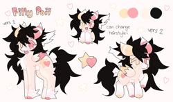 Size: 2995x1767 | Tagged: safe, artist:figchamp, imported from derpibooru, oc, oc only, oc:poii, pegasus, pony, chest fluff, heterochromia, horns, no pupils, ponysona, reference sheet, solo, wings