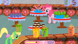 Size: 499x284 | Tagged: safe, imported from derpibooru, pinkie pie, oc, earth pony, pony, adventures in ponyville, blonde mane, candy, candy cane, cherry, clothes, conveyor belt, cookie, cupcake, female, food, game, green pony, lollipop, mare, pink dress, pinkie pie's sweet shoppe, skirt, smiling, sugarcube corner, table, youtube link