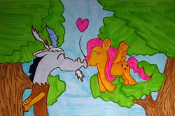Size: 1280x851 | Tagged: safe, artist:dex stewart, imported from derpibooru, discord, fluttershy, pegasus, pony, discoshy, female, heart, kissing, male, request, requested art, shipping, straight, traditional art, tree