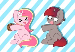 Size: 6751x4680 | Tagged: safe, artist:kittyrosie, imported from derpibooru, oc, oc only, oc:rosa flame, pony, unicorn, ><, backwards ballcap, baseball cap, cap, cookie, duo, eyes closed, flower, flower in hair, food, hat, horn, striped background, tongue out, unicorn oc