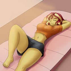 Size: 2000x2000 | Tagged: safe, artist:zachc, imported from derpibooru, sunset shimmer, human, equestria girls, arm behind head, belly button, breasts, busty sunset shimmer, clothes, eyes closed, feet, female, lying down, midriff, short shirt, shorts, solo