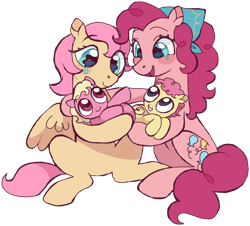 Size: 1280x1158 | Tagged: safe, alternate version, artist:universal-heart, imported from derpibooru, fluttershy, pinkie pie, oc, oc:cupid dart, oc:valentine, earth pony, pegasus, pony, baby, baby pony, colt, crying, family, female, flutterpie, foal, holding a pony, lesbian, magical lesbian spawn, male, mare, offspring, parent:fluttershy, parent:pinkie pie, parents:flutterpie, shipping, simple background, tears of joy, transparent background