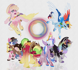 Size: 4096x3669 | Tagged: safe, artist:faunahoof, derpibooru exclusive, imported from derpibooru, applejack, fluttershy, pinkie pie, rainbow dash, rarity, twilight sparkle, pegasus, pony, unicorn, accessory, alternate design, angry, breath, colored wings, confused, crown, ears back, element of generosity, element of honesty, element of kindness, element of laughter, element of loyalty, element of magic, elements of harmony, glowing, glowing horn, gold, hair over eyes, horn, jewelry, looking at you, magic, magic aura, mane six, multicolored hair, multicolored mane, multicolored wings, pegasus wings, raised hoof, redesign, regalia, simple background, snarling, sneer, snorting, unicorn twilight, unshorn fetlocks, white background, wings