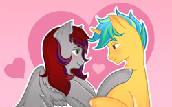 Size: 2146x1338 | Tagged: safe, artist:vatutina, imported from derpibooru, oc, oc only, oc:sunrise sentry, pegasus, pony, unicorn, duo, female, freckles, heart, heart background, jewelry, looking at each other, looking at someone, male, mare, necklace, oc x oc, pearl necklace, shipping, stallion, straight