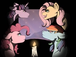 Size: 512x384 | Tagged: safe, artist:binibean, imported from derpibooru, applejack, fluttershy, rainbow dash, twilight sparkle, earth pony, pegasus, pony, unicorn, over a barrel, candle, female, i'd like to be a tree, mare, scene interpretation