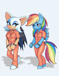 Size: 2480x3200 | Tagged: safe, artist:en17, imported from derpibooru, rainbow dash, anthro, bound wings, breasts, chained, clothes, cuffs, prison outfit, prisoner rd, rouge the bat, sonic the hedgehog (series), wings