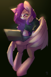 Size: 1367x2051 | Tagged: safe, artist:rainsketch, imported from derpibooru, pipp petals, pegasus, pony, semi-anthro, clothes, computer, g5, laptop computer, shirt, simple background, solo, t-shirt