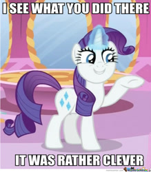 Size: 640x732 | Tagged: safe, edit, edited screencap, imported from derpibooru, screencap, rarity, pony, unicorn, caption, female, glowing, glowing horn, horn, i see what you did there, image macro, impact font, meme, memecenter, solo, text, watermark