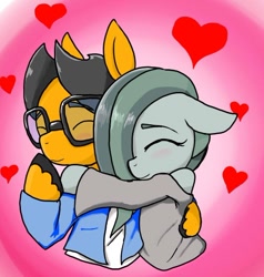 Size: 554x581 | Tagged: safe, artist:a.s.e, imported from derpibooru, marble pie, oc, oc:a.s.e, earth pony, pony, semi-anthro, canon x oc, clothes, couple, female, glasses, happy, heart, hug, love, male, mare, shipping, smiling, stallion, straight