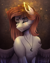 Size: 1784x2228 | Tagged: safe, artist:lunciakkk, imported from derpibooru, oc, oc only, oc:reminati, pegasus, pony, chest fluff, commission, eyes closed, jewelry, necklace, solo