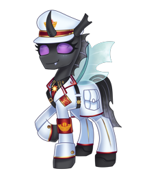 Size: 2880x3040 | Tagged: safe, artist:opal_radiance, imported from derpibooru, oc, oc:alcippe, changeling, insect, equestria at war mod, clothes, female, military uniform, purple changeling, simple background, solar empire, solo, suit, transparent background, uniform, white