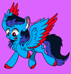 Size: 2448x2576 | Tagged: safe, artist:rainbowwing, imported from derpibooru, oc, oc only, oc:skyjade lee, pegasus, pony, chest fluff, cloven hooves, colored hooves, colored wings, ear fluff, full body, high res, hooves, looking down, needs more saturation, open mouth, open smile, pegasus oc, purple background, raised hoof, signature, simple background, smiling, solo, spread wings, tail, two toned mane, two toned tail, two toned wings, wings
