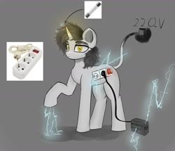 Size: 1999x1718 | Tagged: safe, artist:houl2902, derpibooru exclusive, imported from derpibooru, oc, oc only, object pony, original species, pony, unicorn, :<, ambiguous gender, charging, electricity, electronics, glowing, glowing horn, gray background, horn, looking at you, plug, ponified, power strip, simple background, solo, wingding eyes