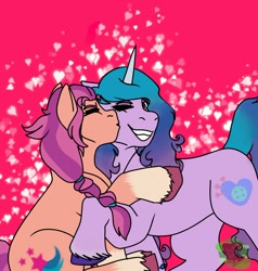 Size: 1200x1263 | Tagged: safe, artist:babymoon, imported from derpibooru, izzy moonbow, sunny starscout, earth pony, pony, unicorn, cheek kiss, duo, female, g5, heart, izzyscout, kissing, lesbian, shipping