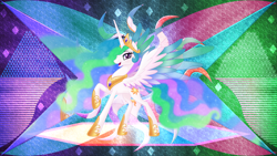 Size: 3840x2160 | Tagged: safe, artist:laszlvfx, artist:negatif22, edit, imported from derpibooru, princess celestia, alicorn, pony, abstract background, colored wings, ethereal mane, female, hoof shoes, jewelry, looking at you, mare, regalia, solo, spread wings, wallpaper, wallpaper edit, wings