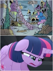 Size: 1500x1999 | Tagged: safe, edit, idw, imported from derpibooru, izzy moonbow, twilight sparkle, alicorn, pony, unicorn, my little pony: the movie, spoiler:comic, spoiler:g5comic, spoiler:g5comic01, canterlot, crying, g5, g5 collapse of equestria, my little pony: a new generation, no i can't i ruined everything, ruins, sad, the desolation of canterlot, twilight sparkle (alicorn)