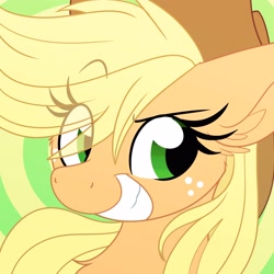 Size: 3000x3000 | Tagged: safe, artist:lbrcloud, imported from derpibooru, applejack, earth pony, pony, abstract background, bust, ear fluff, eye clipping through hair, freckles, grin, icon, looking sideways, portrait, raised eyebrow, smiling, solo