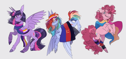 Size: 2221x1040 | Tagged: safe, artist:laziilizard, artist:sannateacupss, imported from derpibooru, pinkie pie, rainbow dash, twilight sparkle, alicorn, earth pony, pegasus, pony, bisexual pride flag, clothes, gender headcanon, genderfluid pride flag, headcanon, lesbian pride flag, nonbinary pride flag, pansexual pride flag, polyamory pride flag, pride, pride flag, scarf, sexuality headcanon, socks, striped scarf, striped socks, twilight sparkle (alicorn)