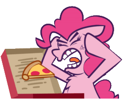 Size: 1200x1013 | Tagged: safe, artist:threetwotwo32232, imported from derpibooru, pinkie pie, earth pony, pony, animated, box, chest fluff, concentrating, female, food, gif, head in hooves, mare, meat, meme, open mouth, pepperoni, pepperoni pizza, pizza, ponified meme, simple background, solo, thick eyebrows, transparent background, vein