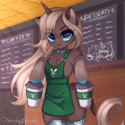 Size: 3000x3000 | Tagged: safe, artist:monstrum, imported from derpibooru, oc, oc only, pony, semi-anthro, unicorn, big eyes, bipedal, cafe, clothes, coffee, coffee cup, commission, cup, dexterous hooves, eye clipping through hair, eyebrows, eyebrows visible through hair, female, horn, leonine tail, looking at you, mare, meme, solo, starbucks, stockings, tail, thigh highs
