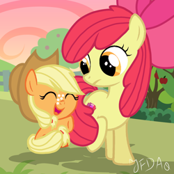 Size: 1280x1280 | Tagged: safe, artist:jessyfruktdaa, imported from derpibooru, apple bloom, applejack, earth pony, pony, apple, apple tree, baby, baby pony, babyjack, female, filly, foal, food, solo, tree, younger