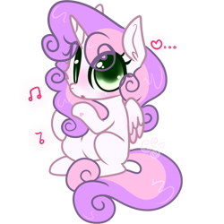 Size: 1506x1506 | Tagged: safe, artist:cutiesparke, imported from derpibooru, sweetie belle, alicorn, pony, alicornified, blushing, ear fluff, eye clipping through hair, female, filly, foal, heart, lightly watermarked, looking at you, music notes, race swap, simple background, sitting, solo, surprised, sweetiecorn, transparent background, watermark