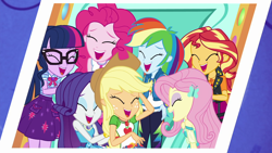 Size: 1920x1080 | Tagged: safe, imported from derpibooru, screencap, applejack, fluttershy, pinkie pie, rainbow dash, rarity, sci-twi, sunset shimmer, twilight sparkle, equestria girls, equestria girls series, rollercoaster of friendship, eyes closed, female, geode of empathy, geode of fauna, geode of shielding, geode of sugar bombs, geode of super speed, geode of super strength, geode of telekinesis, glasses, humane five, humane seven, humane six, laughing, magical geodes, photo, photo booth, photo booth (song), rarity peplum dress