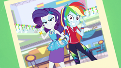 Size: 1920x1080 | Tagged: safe, imported from derpibooru, screencap, rainbow dash, rarity, human, equestria girls, equestria girls series, holidays unwrapped, spoiler:eqg series (season 2), dashing through the mall, duo, duo female, eyeshadow, female, grin, hand on hip, lidded eyes, looking at you, makeup, photo, rarity peplum dress, smiling, smiling at you