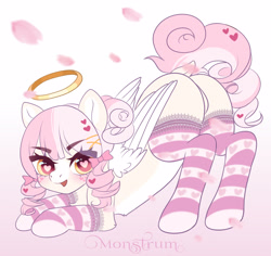 Size: 3180x3000 | Tagged: safe, artist:monstrum, imported from derpibooru, oc, oc:angel wings, pegasus, pony, angel, butt, clothes, cute, eye clipping through hair, face down ass up, halo, heart eyes, looking at you, nimb, pegasus oc, plot, romantic, socks, stockings, thigh highs