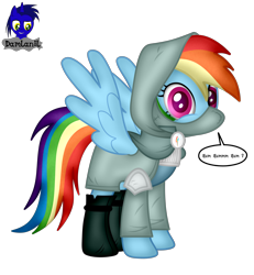 Size: 3840x4154 | Tagged: safe, artist:damlanil, imported from derpibooru, rainbow dash, pegasus, pony, boots, cloak, clothes, comic, female, happy, hood, mare, mask, muffled words, rainbow rogue, shoes, show accurate, simple background, solo, speech bubble, spread wings, standing, text, transparent background, vector, wings