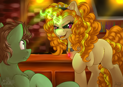 Size: 4093x2894 | Tagged: safe, artist:julunis14, imported from derpibooru, adagio dazzle, oc, oc:protein shake, earth pony, human, pony, unicorn, comic:we will be adored, comic:we will be adored part 16, equestria girls, adagio gonna get ya, alcohol, bar, bottle, collar, commission, dazzling, digital, female, gem, hairpin, intimidating, looking at each other, looking at someone, magic, male, ponified, siren gem, smiling, smirk, standing