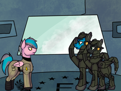 Size: 2160x1620 | Tagged: safe, imported from derpibooru, oc, oc:general bubblegum, oc:second lieutenant raven strike, oc:wing commander sky strike, pegasus, pony, fallout equestria, armor, enclave, enclave armor, enclave thunderhead, enclave uniform, fallout, fallout equestria: falling ashes, grand pegasus enclave, military, pegasus oc, salute, uniform