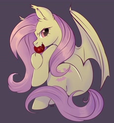 Size: 3400x3680 | Tagged: safe, artist:ske, imported from derpibooru, fluttershy, bat pony, pony, apple, aside glance, bat ponified, bat wings, biting, female, flutterbat, food, high res, looking at you, mare, partially open wings, profile, race swap, red eyes, simple background, sitting, solo, wings